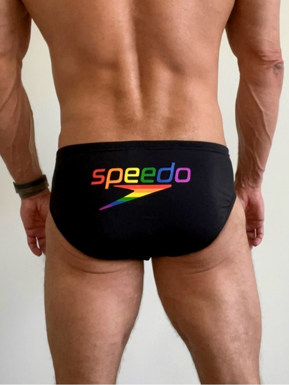 Speedo Black Swim Brief with Rainbow Logo Rear